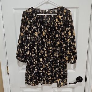 Floral Black Tie Neck Blouse